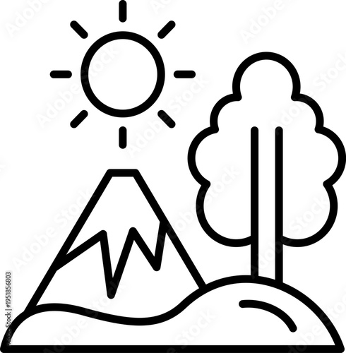 Natural scenery icons with mountains, trees and sun are suitable for ecological themed