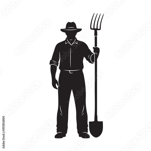 Silhouette Of Farmer Standing With Pitchfork For Agriculture Concepts