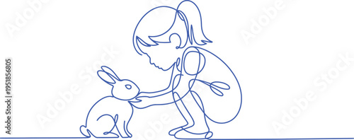 Continuous line drawing of a young girl gently stroking a cute rabbit on the ground.
