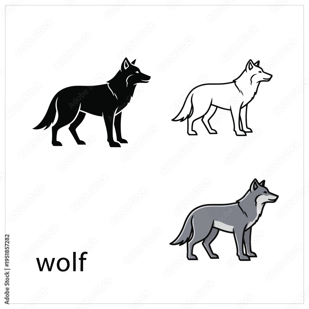 Obraz premium Wolf illustration set in three styles black outline gray and silhouette isolated