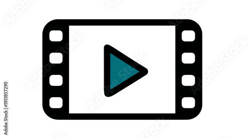Film strip with play button icon representing video content, multimedia, cinema, and entertainment playback