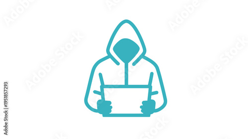 Anonymous hooded figure holding a laptop icon, representing cybersecurity, data privacy, hacking, online fraud, and digital security.