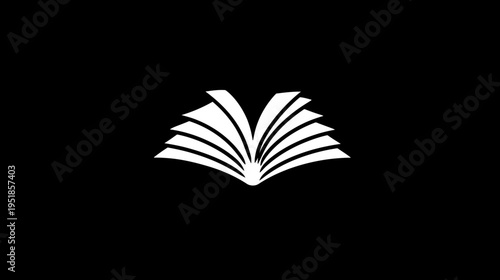 Stylized white open book icon on a black background, representing knowledge, education, learning, wisdom, and literature. Minimalist graphic.