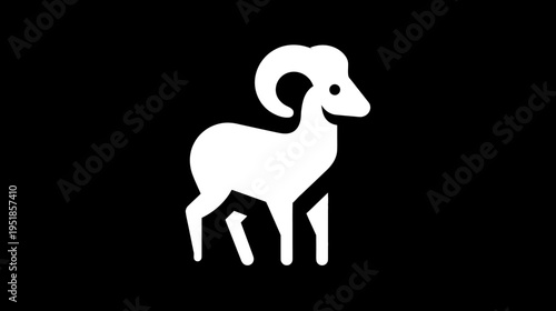 Minimalist White Ram Icon with Horns on Black Background. Animal Symbol, Livestock, Sheep, Mammal, Vector Graphic.