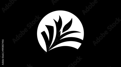 Minimalist abstract white foliage icon in a clean circular shape on a black background, simple graphic design element or symbol.