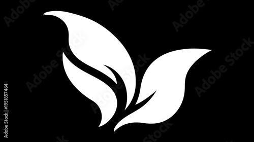 Minimalist white leaves icon on black, vector graphic representing nature, organic, eco-friendly, growth, and natural products.