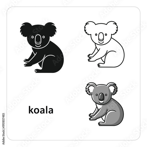 Koala vector icons set in flat line and silhouette styles for australian animal graphics