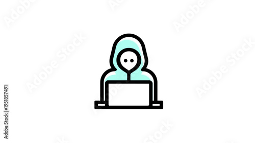 Cybersecurity hacker icon, hooded figure using laptop, online security, data protection, anonymous programming symbol.