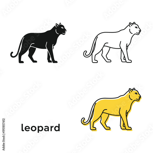 Leopard vector icons showing silhouette outline and yellow color styles for animal design