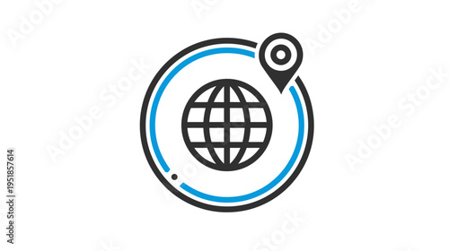 Global location pin icon with earth planet symbol, representing worldwide navigation, international network, and internet connection.