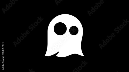 Flat design white ghost icon on black, a spooky, mysterious spirit symbol for Halloween or supernatural concepts.