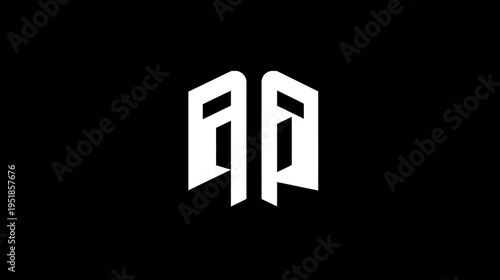Modern abstract geometric symbol with two symmetrical white shapes on a black background, digital design element concept