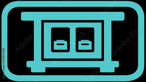 Minimalist turquoise flat design icon depicting a modern desk or counter with two compartments, ideal for UI and digital concepts.