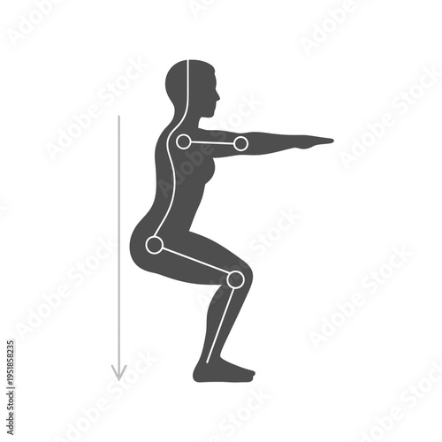Woman squatting with joint lines and proper posture arrow