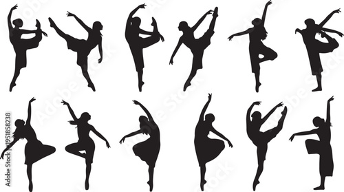 Silhouettes of dancers in various dynamic and expressive poses