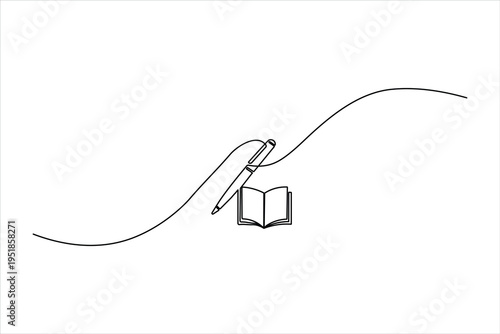 Minimalist one-line art of a ballpoint pen and an open book. Sleek continuous black line drawing on a white background, perfect for educational designs.