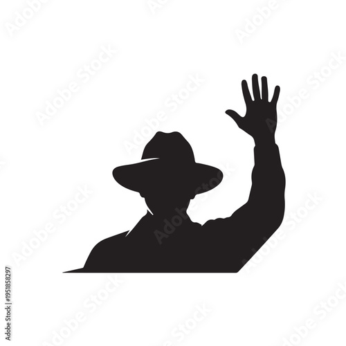 Man Wearing Hat Waving Silhouette Isolated On White For Greeting Concepts