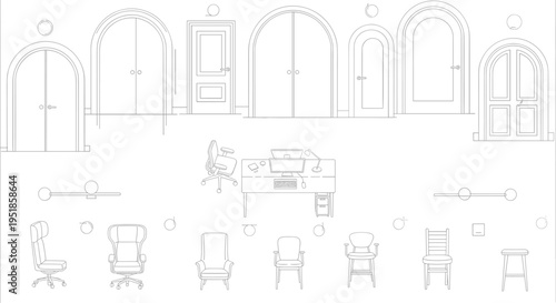 Door and chair line icons set, furniture interior elements, architectural doorway collection, office desk objects, minimal outline vector design pack