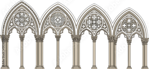 Black silhouette vector illustration of Gothic arches with ornate tracery, rose window motifs, and carved capitals, symbolizing medieval architecture and decorative design themes