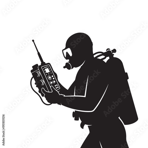 Scuba Diver Holding Radio Transmitter On White Background For Underwater Communication Concepts
