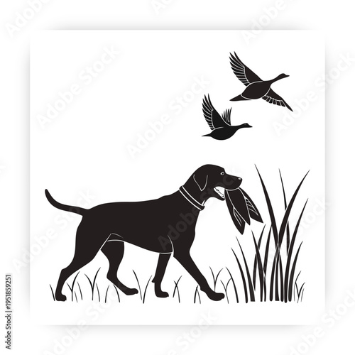  Vector illustration black silhouette of a dog catching a bird in its mouth with three birds flying.