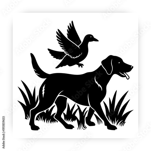  Vector illustration black silhouette of a dog catching a bird in its mouth with three birds flying.
