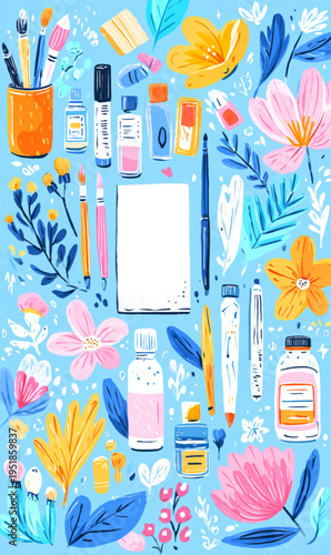 Colorful makeup and cosmetic products.