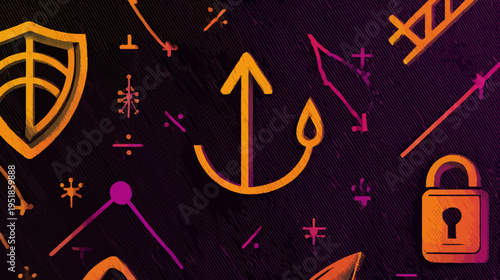 Abstract cybersecurity and data protection concept with digital shield, padlock, and upward growth arrow icons on a dark background.