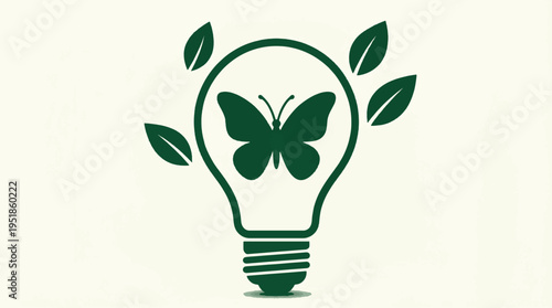 Green Butterfly and Leaves Inside Light Bulb Vector Illustration for Eco-Friendly Energy, Nature Conservation, and Sustainable Innovation Concepts
