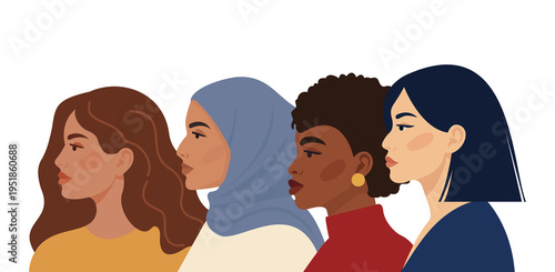 Diverse Women Side Profile Lineup With Copy Space Representing Multicultural Inclusion And Empowerment Flat Illustration Isolated On Transparent PNG Background.