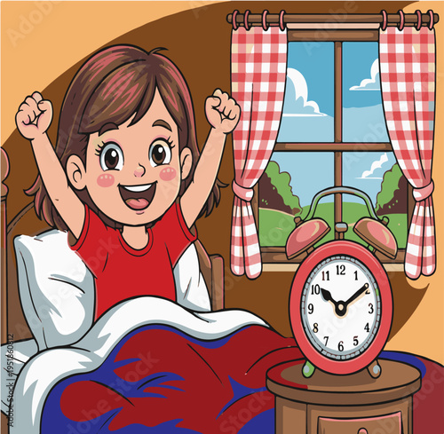 Happy Child Waking Up Excitedly in Bed with Alarm Clock and Window View