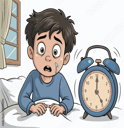 Boy Wakes Up Scared by Loud Alarm Clock in Bed Morning Routine Sleep Disorder
