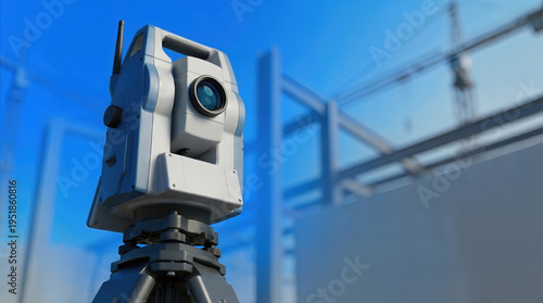 Total station surveying instrument on tripod at construction site. Precision geodetic measurement and civil engineering technology for land survey and infrastructure development