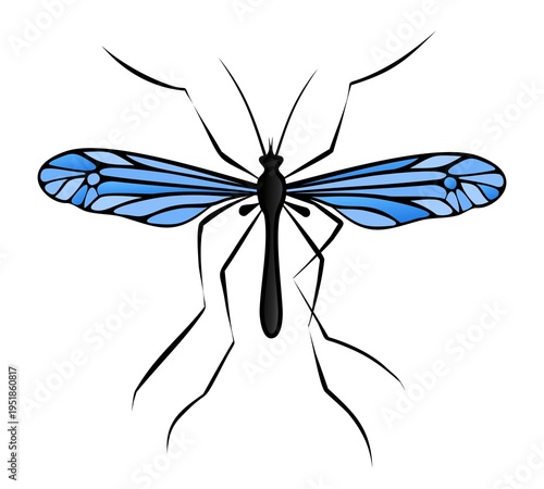Silhouette of a mosquito with blue wings.