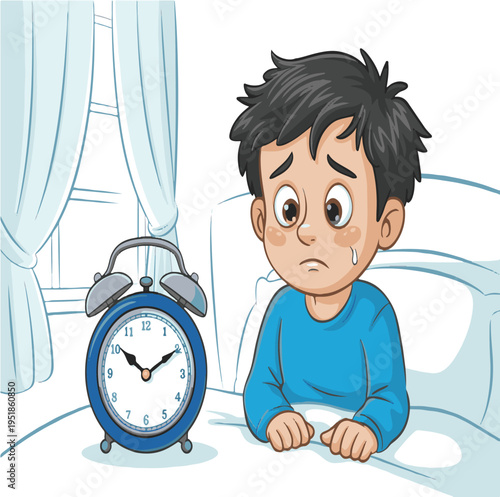 Sad Child Wakes Up Early to Alarm Clock in Bed Vector Illustration