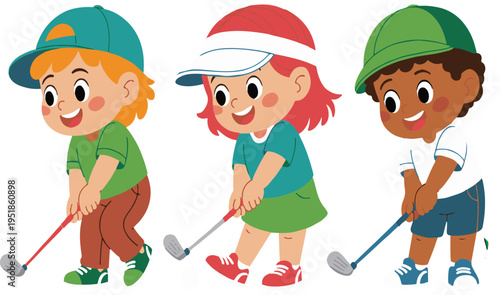 Children playing golf cartoon kids with clubs sporting activity diverse group vector illustration