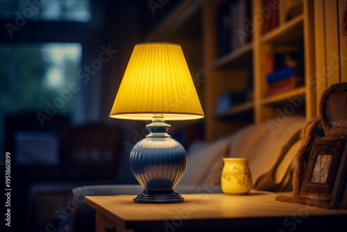 Table lamp illuminating a living room interior with soft, ambient light at evening