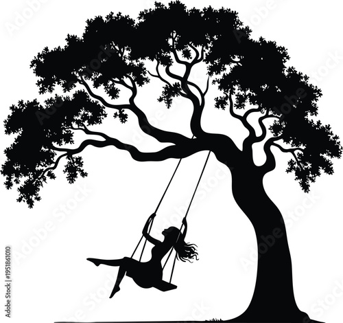 A young girl joyfully swinging on a classic rope swing beneath the lush canopy of a large mature tree silhouette illustration