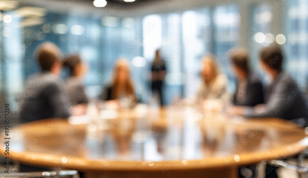 Fototapeta premium Business meeting with diverse professionals gathered around a table in a bright office setting.