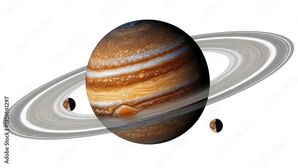 Fototapeta premium Detailed gas giant planet with prominent rings and two moons, isolated on transparent background, a celestial body for space exploration designs PNG