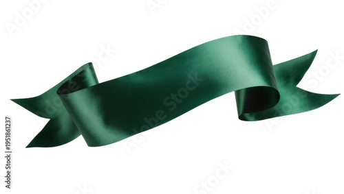 Elegant dark green satin ribbon banner, flowing gracefully, isolated as a blank decorative element for design projects, high-quality PNG