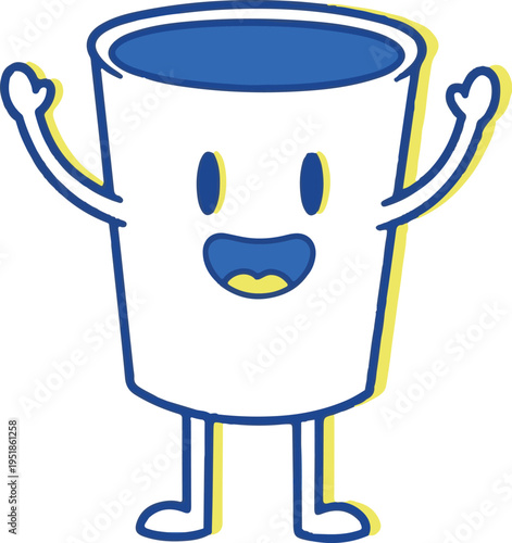 A cheerful cartoon bucket with a smiling face and raised arms