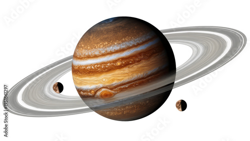 Detailed gas giant planet with prominent rings and two moons, isolated on transparent background, a celestial body for space exploration designs PNG