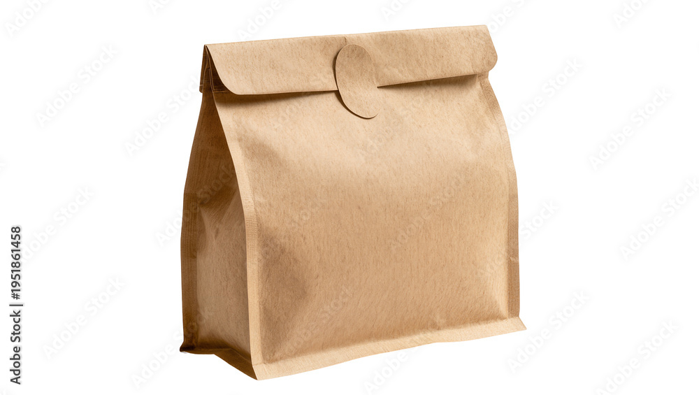 Obraz premium Kraft paper bag with folded top flap and round sticker, perfect for packaging food or gifts, isolated PNG on transparent background