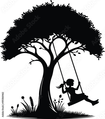 A young girl joyfully swinging on a classic rope swing beneath the lush canopy of a large mature tree silhouette illustration