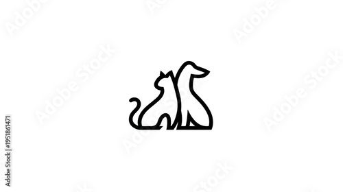 Minimalist line art illustration of a domestic cat and dog sitting together, facing opposite directions. Simple black and white pet graphic design.