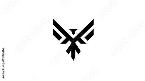 Stylized black bird silhouette, geometric phoenix or eagle graphic design element on white background, modern abstract art icon vector