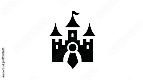 Fantasy Fairytale Castle Icon - Magical Kingdom Silhouette with Towers, Spire, and Flag Design