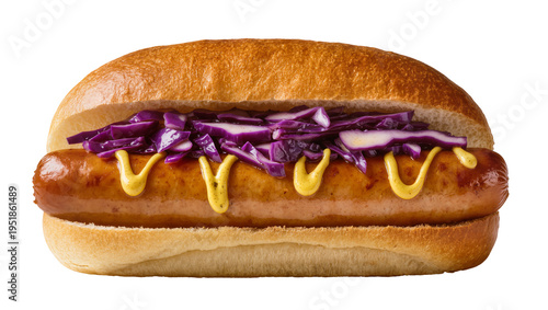 Gourmet hot dog with grilled sausage, vibrant purple cabbage slaw, and drizzled mustard, perfectly isolated on a transparent background, delicious street food snack PNG