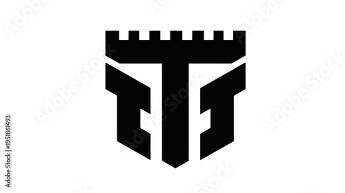 Stylized Letter T Icon with Castle Turret and Shield Shape. Modern Geometric Monogram Design for Strength and Protection.